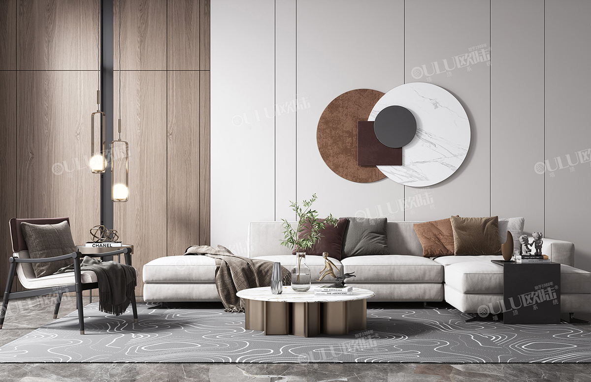 沙发背景墙 XJ-024水性橡木+CS-001瓷白-全屋整装集成墙面效果图
