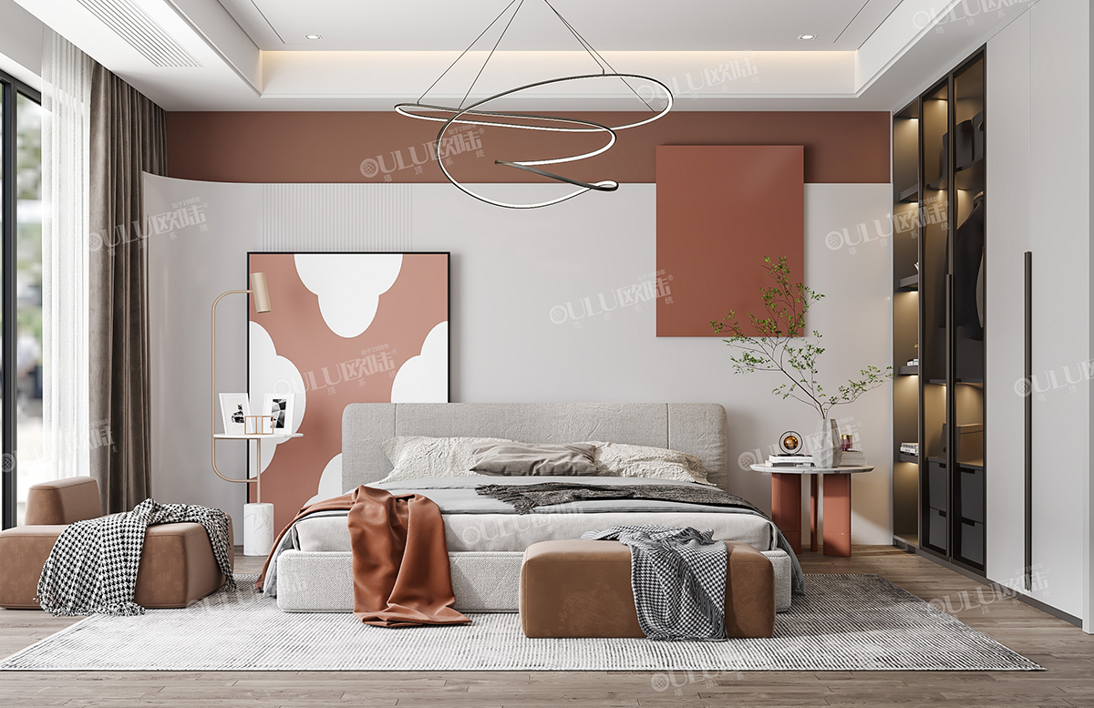 卧室背景墙 胭脂红效果图-全屋整装集成墙面效果图