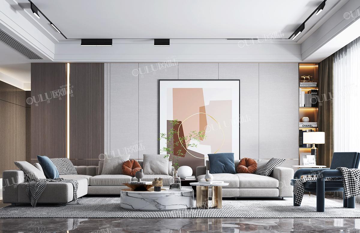 沙发背景墙 白布艺+TM-002科技柚木-全屋整装集成墙面效果图